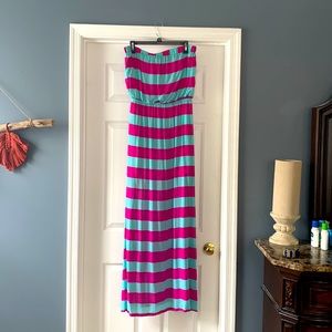 Teal/hot pink strapless maxi dress